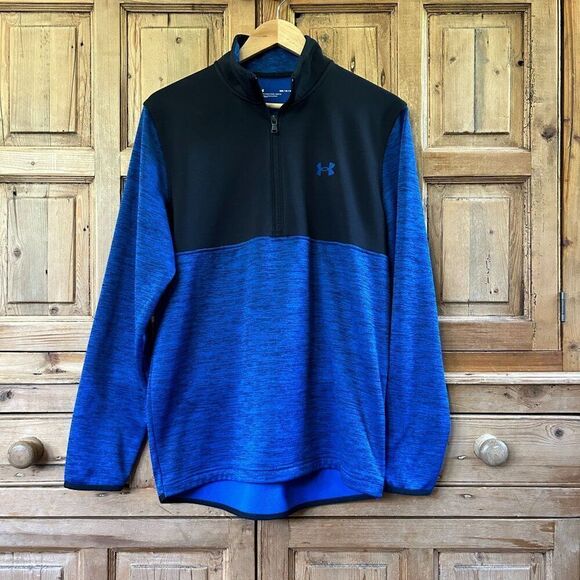Under‎ Armour Medium Loose Fit Pullover Sweater Blue Black Colorblock 1/4 Zip - Picture 1 of 6
